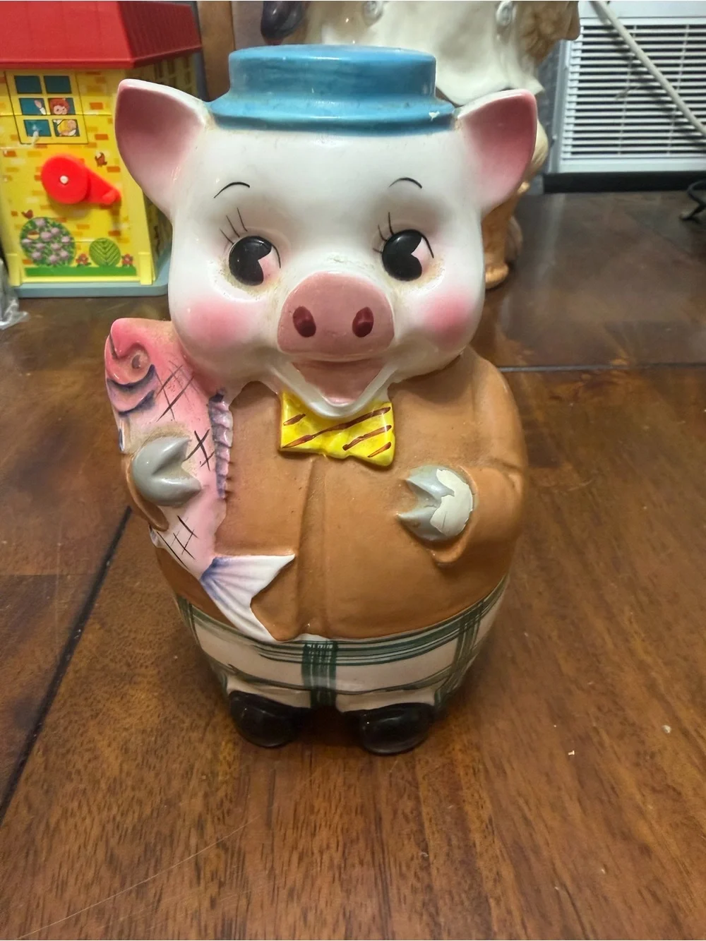 Vintage Pig Figurine Cookie Jar in Pink, Brown and Blue